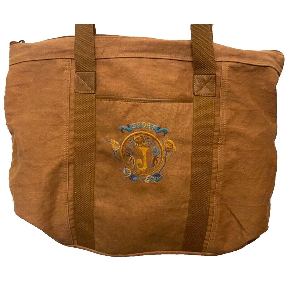 J Sport Women's Large Tote Bag Embroidered Floral Brown Canvas Leather Travel